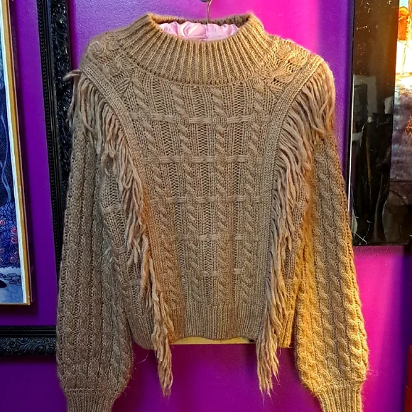 Altered State Brown Cable Knit Fringe Sweater. Size Small - Picture 2 of 8